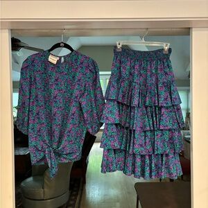Neiman Marcus Purple and Blue Midi Skirt with Tie Front Top
